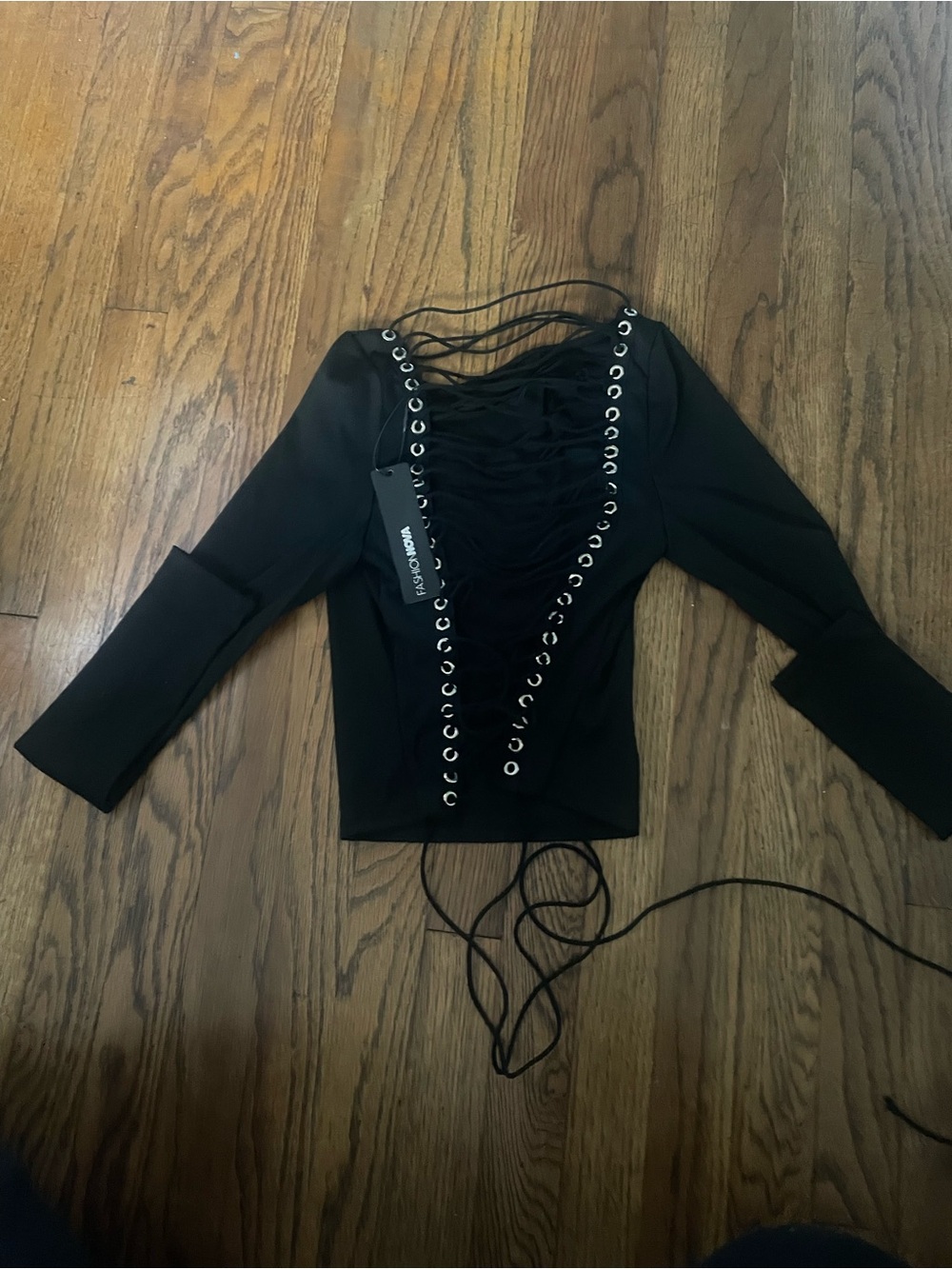 Fashion Nova Black Lace-Up Long Sleeve Top with Eyelet Detail